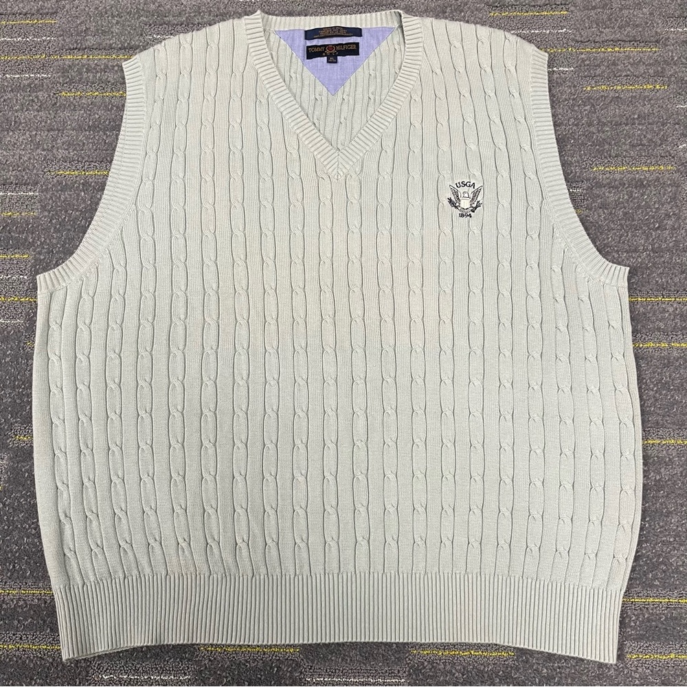 VTG Tommy Hilfiger Golf Cable Knit Sweater Vest USGA Logo Size XL Teal Golf EUC